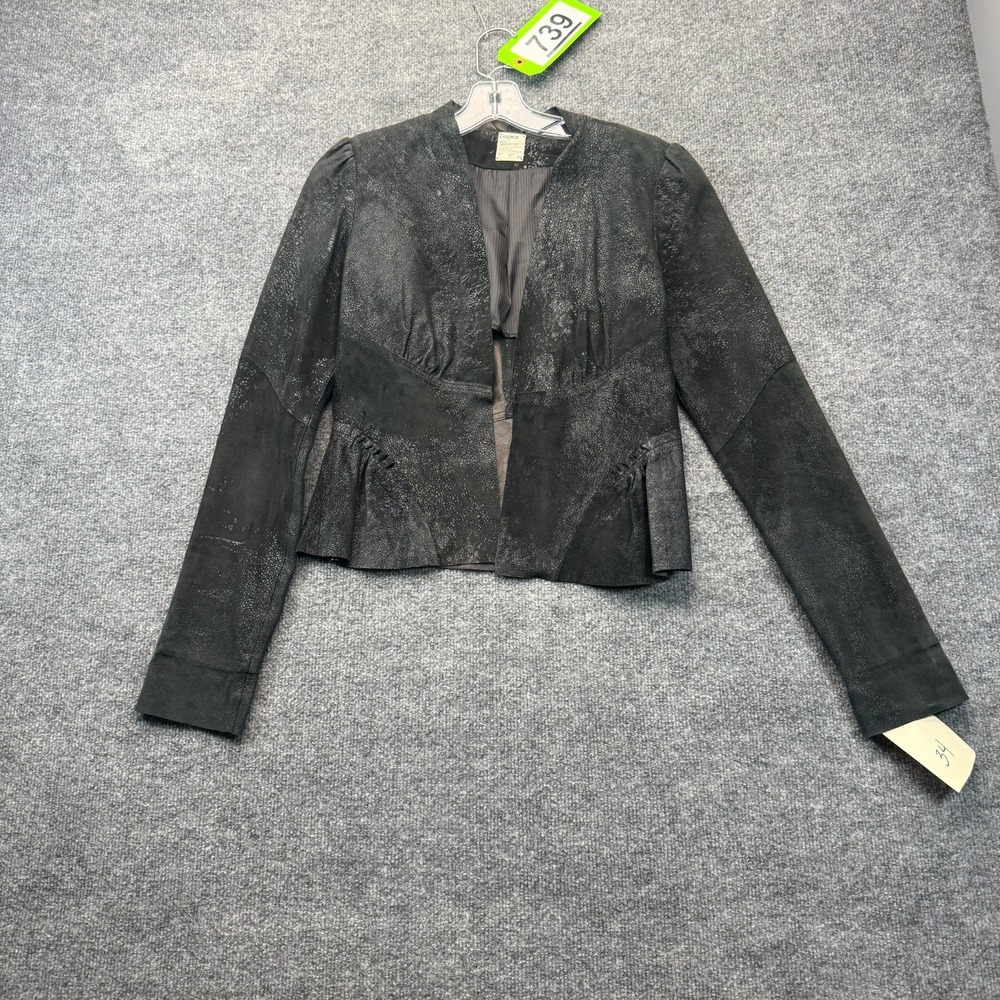 L'AGENCE Women 10 Lambskin Leather Peplum Jacket Black Crackle Texture Open Fron
